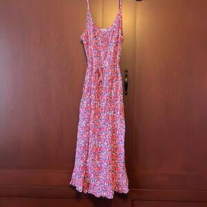 J. Crew size 12 Ruffle Midi Curved Hem Dress Red Blue Floral